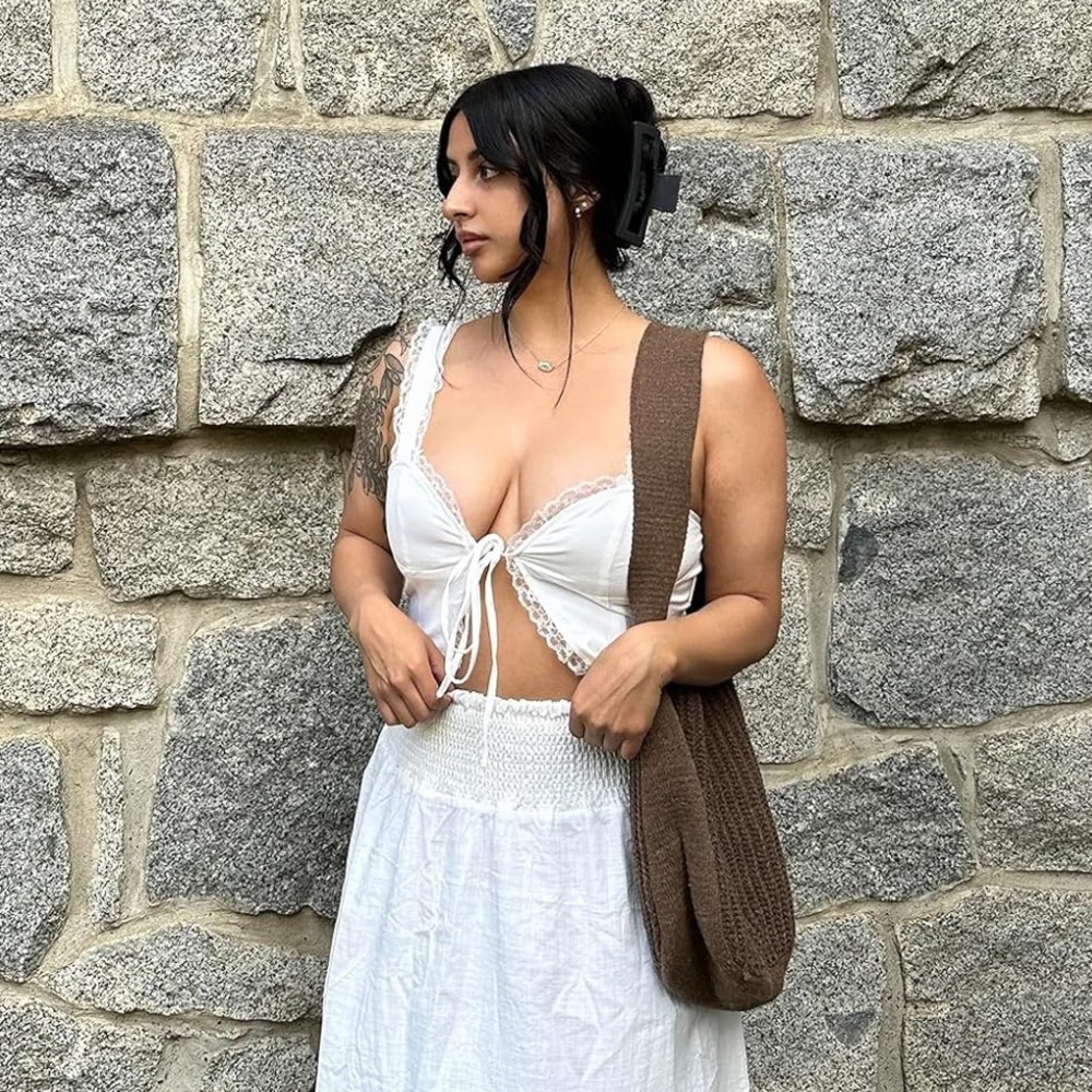 White Corset Lace Trim Tie Front Tank Top